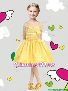 Perfect Spaghetti Straps Belt and Sequins Little Girl Pageant Dress in Yellow