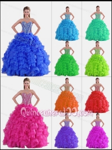 Fashionable Sweetheart Ruffles Beaded Decorate Quinceanera Gowns in Sweet 16