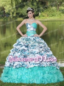 Colorful Printing and Organza Beaded Decorate Waist Pick-ups and Ruffles Brush Train Lovely Style For 2014 Quinceanera Dress