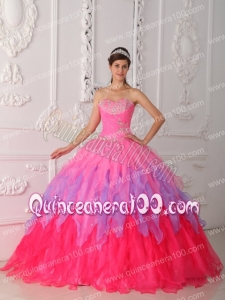 Hot Pink Ball Gown Sweetheart Floor-length Organza Beading and Ruching Quinceanera Dresses