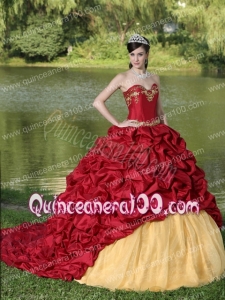 Appliques and Pick-ups Wine Red Brush Train Exquisite Style For 2013 Quinceanera Dress