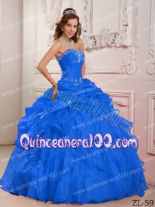 Blue Ball Gown Strapless Floor-length Organza Beading And Ruffles Quinceanera Dress