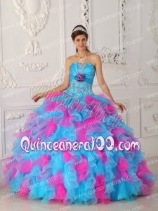 Multi-color Ball Gown Strapless Floor-length Organza Appliques and Hand Flower Quinceanera Dress