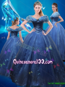 2015 Popular Ball Gown Hand Made Flowers Cinderella Quinceanera Dress in Blue