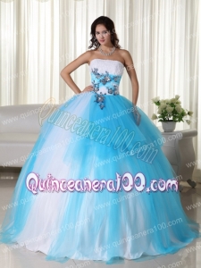 Aqua Blue Ball Gown Strapless Floor-length Tulle Beading Quinceanera Dress