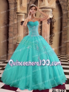 Turquoise Ball Gown Floor-length Organza Beading Quinceanera Dress