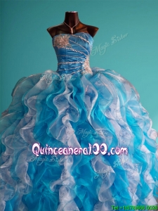 Discount Beaded and Ruffled Big Puffy Sweet 16 Dress in White and Blue