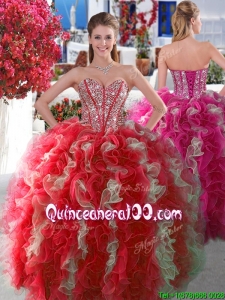 Visible Boning Beaded and Ruffled Quinceanera Gown in Red and White