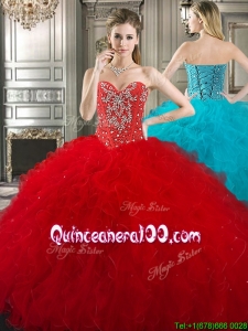 New Style Red Tulle Sweet 16 Dress with Beading and Ruffles
