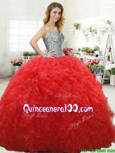 Simple Beaded Bodice and Ruffled Red Quinceanera Dress in Tulle