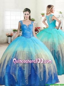 Unique Straps Rainbow Quinceanera Dress with Ruffled Layers and Beading
