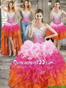 Inexpensive Rainbow Organza Detachable Quinceanera Dresses with Beading and Ruffles