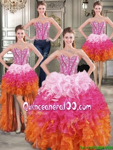 Visible Boning Beaded Bodice and Ruffled Detachable Quinceanera Dresses in Rainbow
