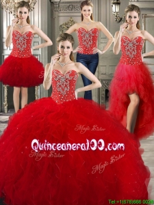 Romantic Tulle Red Detachable Sweet 16 Dresses with Beading and Ruffles