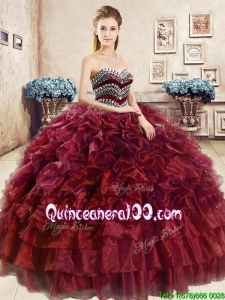 Affordable Beaded and Ruffled Wine Red Sweet 16 Dress in Organza