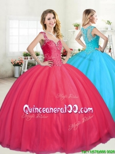 Lovely Straps Big Puffy Beading Quinceanera Dress in Coral Red