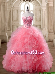 Luxurious Watermelon Red Sweet 16 Dress with Beading and Ruffles