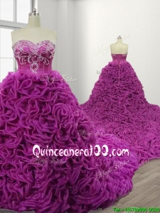 Custom Made Gorgeous Rolling Flowers Court Train Quinceanera Gown with Beading
