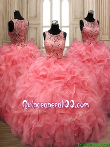 Custom Made Perfect Scoop Beaded and Ruffled Quinceanera Dress in Watermelon Red
