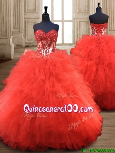 Custom Made Popular Red Really Puffy Quinceanera Gown with Appliques and Ruffles