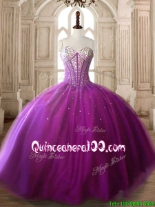 Custom Made Modest Beaded Bodice Big Puffy Quinceanera Dress in Fuchsia