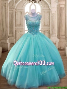 Custom Made See Through Scoop Aqua Blue Quinceanera Dress with Beading for Spring