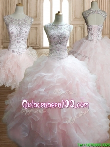 Custom Made Wonderful Scoop Beading and Ruffles Detachable Quinceanera Dress in Baby Pink