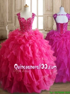 Exclusive Straps Hot Pink Quinceanera Dress with Beading and Ruffles