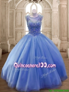 Classical Scoop Beaded Tulle Sweet 16 Dress in Blue