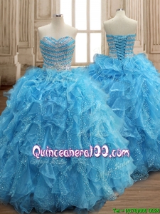 Perfect Aqua Blue Organza Quinceanera Dress with Beading and Ruffles