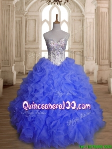 Perfect Blue Organza Quinceanera Dress with Beading and Ruffles