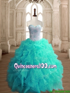 Classical Turquoise Organza Sweet 16 Dress with Beading and Ruffles