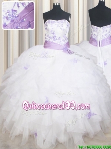 Exclusive Strapless Belted Beaded and Ruffled White Quinceanera Dress in Tulle