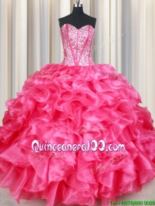 Lovely Visible Boning Beaded Bodice and Ruffled Organza Hot Pink Quinceanera Dress