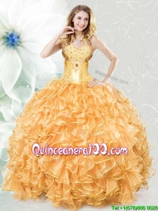 Best Selling Floor Length Gold Quinceanera Dress with Ruffles and Beading