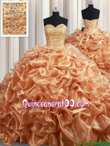 Discount Beaded Bodice and Bubble Champagne Quinceanera Dress with Court Train