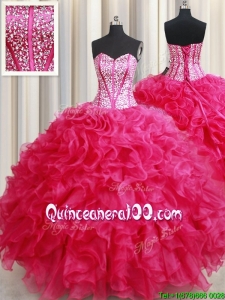 Discount Visible Boning Hot Pink Quinceanera Dress with Beaded Bodice and Ruffles