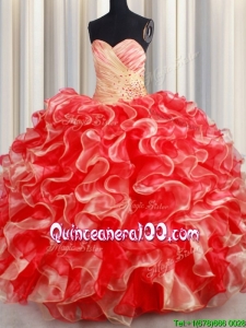 Exclusive Beaded and Ruffled Organza Quinceanera Dress in Red and Champagne