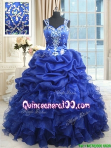 Gorgeous See Through Back Straps Beaded and Ruffled Royal Blue Quinceanera Dress