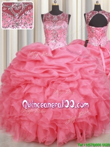 Lovely See Through Scoop Beaded Ruffled Bubble Quinceanera Dress in Watermelon Red