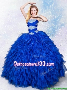 Luxurious Puffy Strapless Royal Blue Quinceanera Dress with Beading and Ruffles