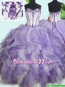 Luxurious Visible Boning Beaded and Ruffled Quinceanera Dress in White and Purple