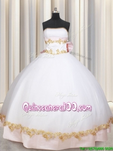 New Style Puffy Skirt Strapless Bowknot and Applique Quinceanera Dress in White