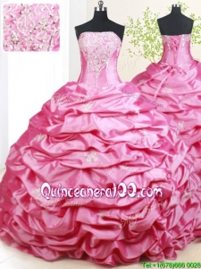 Pretty Strapless Brush Train Pick Ups Hot Pink Quinceanera Dress in Taffeta