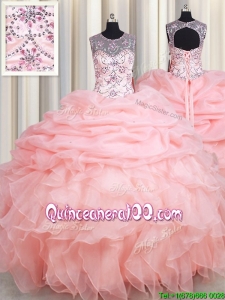 Top Seller See Through Scoop Beaded and Ruffled Quinceanera Dress in Baby Pink