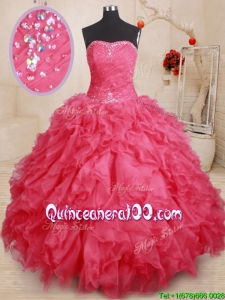 2017 Exclusive Coral Red Organza Quinceanera Dress with Beading and Ruffles