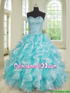 Beautiful Visible Boning Organza Quinceanera Dress in Aqua Blue and White