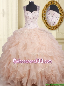 Best Selling Visible Boning Beaded Straps See Through Back Quinceanera Dress in Champagne