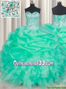 Cheap Visible Boning Ruffled and Beaded Turquoise Quinceanera Dress in Organza
