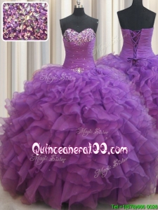 Classical Beaded Bust and Ruffled Eggplant Purple Quinceanera Dress in Organza